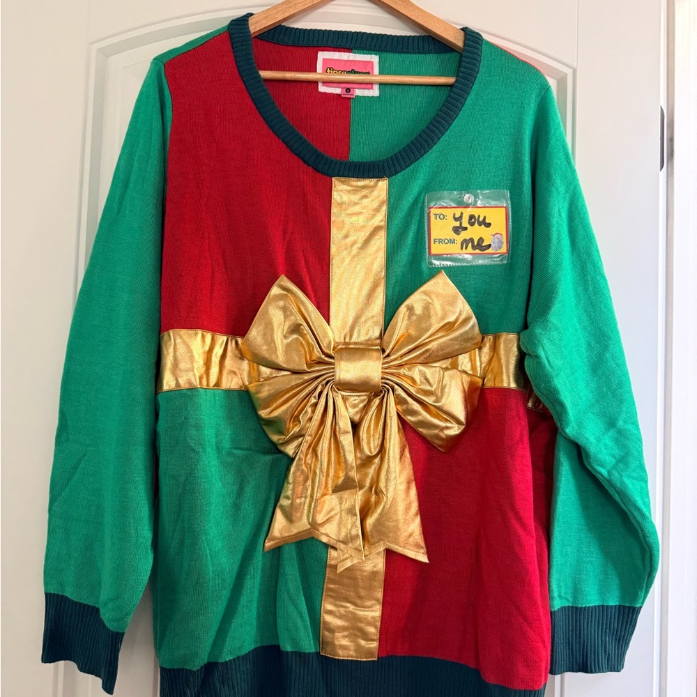 Tipsy Elves Green and Red Sweater with Gold Bow - Picture 3 of 4